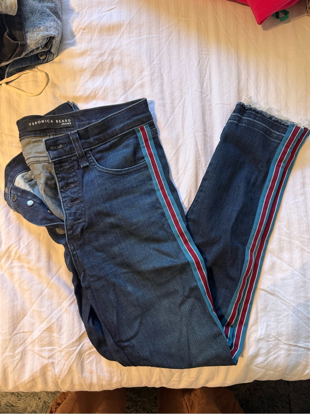 Veronica Beard Dark Blue Skinny Jeans with Burgundy and Teal Side Stripes